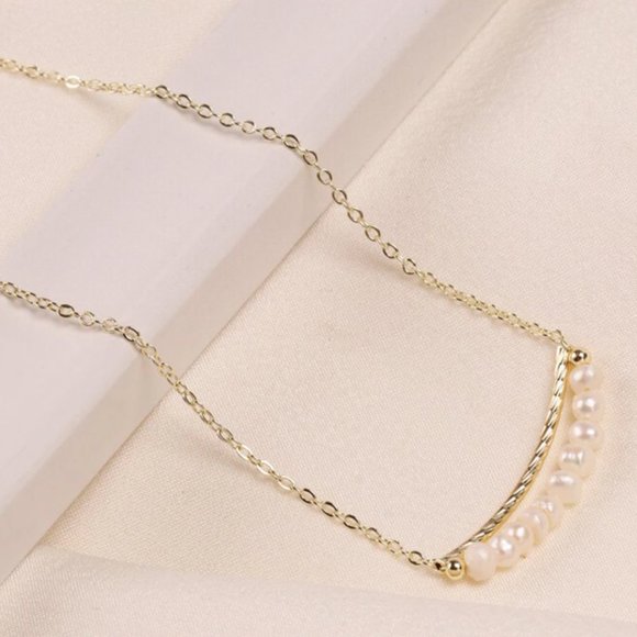 14K Gold Filled on 925 Sterling Silver Elegant Freshwater Pearl Bar Necklace - Picture 3 of 9